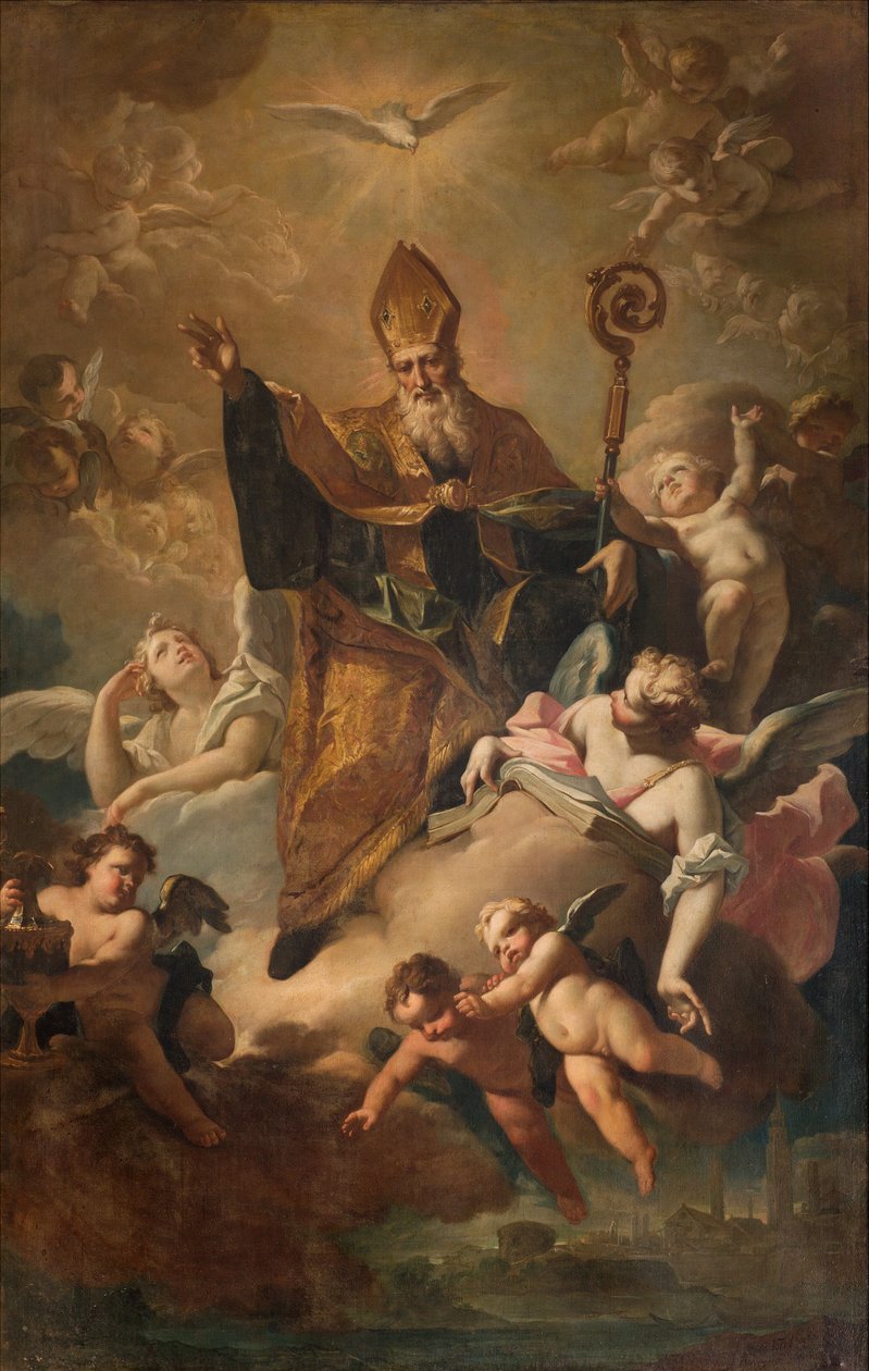 Sør tverrarm, Altar of San Benedetto, Saint Benedict in Gloria mens han velsigner byen, Altertavle av Giovanni Angelo Borroni, San Benedetto in Gloria mens han velsignet byen 1744 av Giovanni Angelo Borroni
