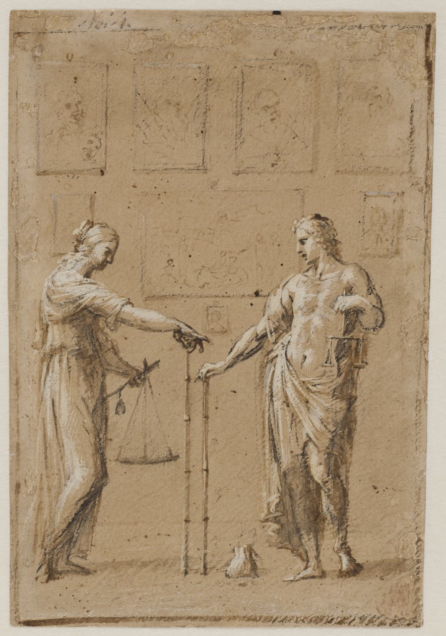 En mann og en kvinne i antikke kostymer, hver med vekt og linjal, foran en vegg med malerier. En veske på gulvet foran mannen av Giovanni Angelo Canini