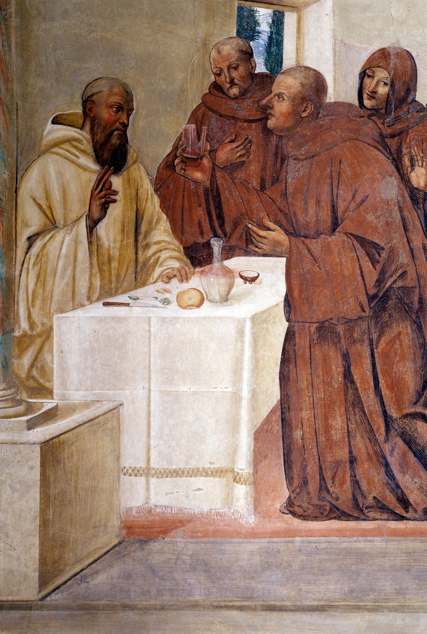 Benedict bryter et glass forgiftet vin ved å lage korsets tegn. Detaljfreskomaleri av klesdrakten laget av Giovan Antonio Bazzi di Sodoma (1477-1549) som forteller om livet til den hellige Benedikt av Nursia (480 - 567) grunnlegger av Benediktinerordenen 1 av Giovanni Antonio Bazzi Sodoma