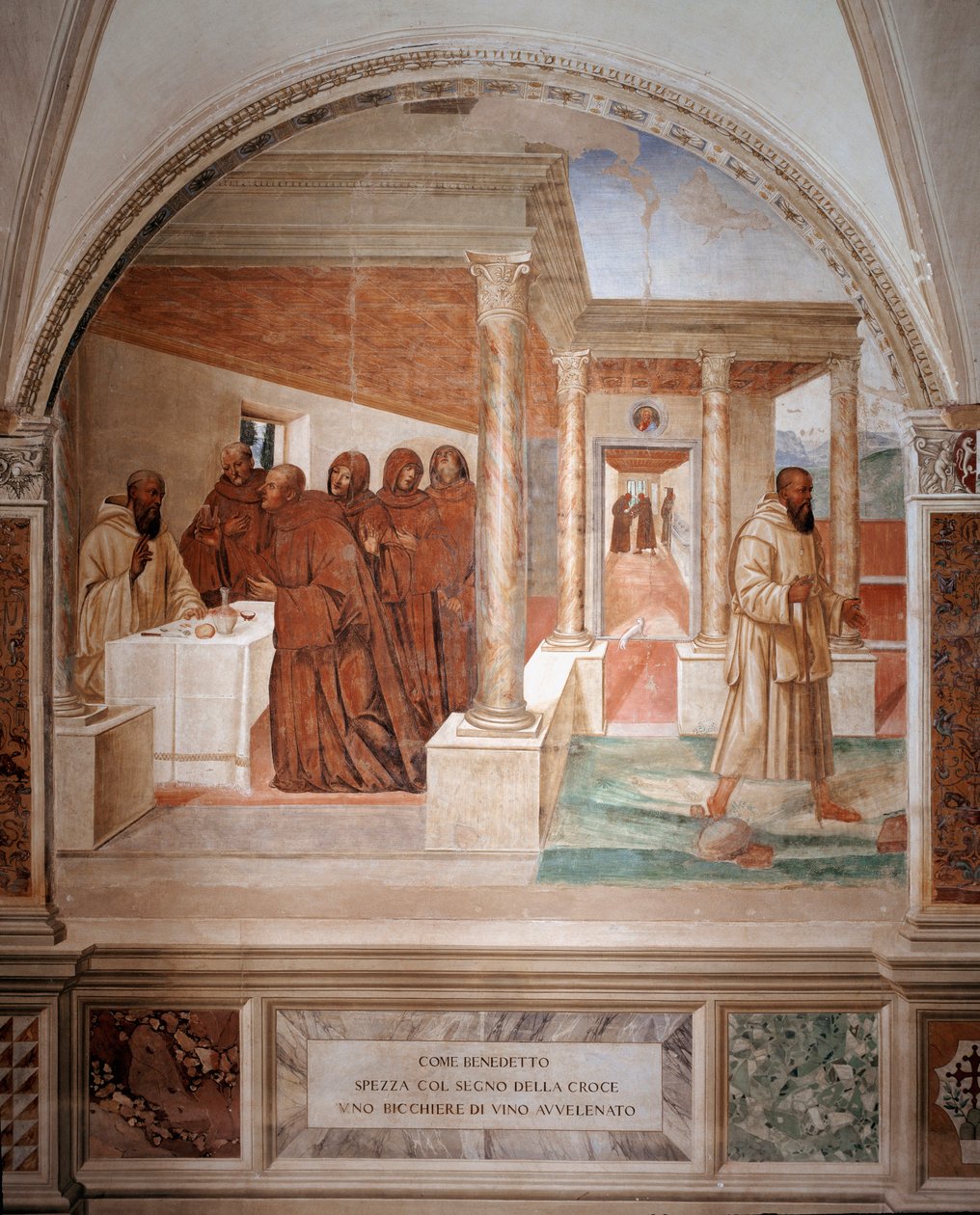 Benedict bryter et glass forgiftet vin og gjør tegnet på korsfreskomaleriet til cloitre laget av Antonio Bazzi dit il Sodoma (1477 - 1549) som forteller om livet til Saint Benedict of Nursie (480 - 567) grunnlegger av Benediktinerordenen 1503 - 1508 kloste av Giovanni Antonio Bazzi Sodoma