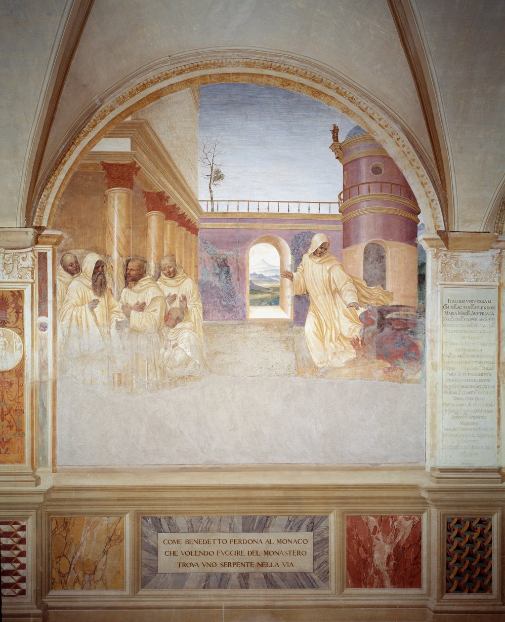 Benedikt tilgir munken som prøvde å rømme klosteret, fant en slange på vei (Benedict tilgir munken som forsøkte å rømme fra klosteret, fant en slange på vei) Fresco av klosteret laget av Antonio Bazzi dit il Sodoma ( 1477 - 1549) rec av Giovanni Antonio Bazzi Sodoma