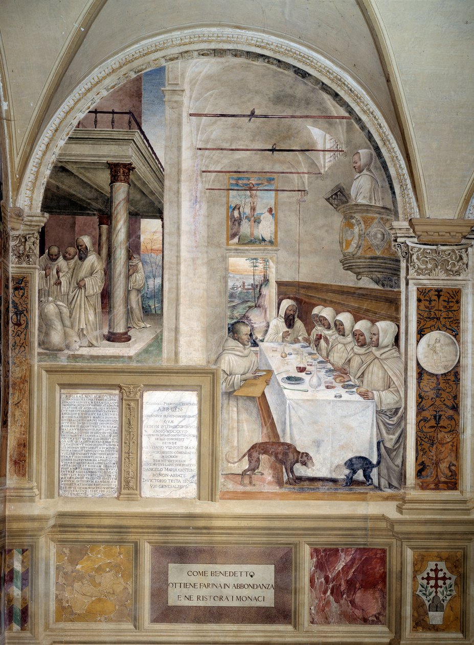 Benedikt får i seg mel i overflod og mater munkenes freskomaleri av klosteret laget av Antonio Bazzi dit il Sodoma (1477 - 1549) som forteller om livet til Saint Benedict of Nursie (480 - 567) grunnlegger av Benediktinerordenen 1503 - 1508 Abbey. Oliveto av Giovanni Antonio Bazzi Sodoma