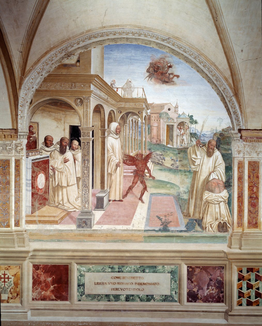 Benoit frigjør en munk besatt av en demon (St. Benedict frigjør en mann besatt av djevelen) freskomaleri av cloitre laget av Antonio Bazzi dit il Sodoma (1477 - 1549) som forteller om livet til Saint Benedict of Nursie (480 - 567) grunnlegger av Benedikts  av Giovanni Antonio Bazzi Sodoma