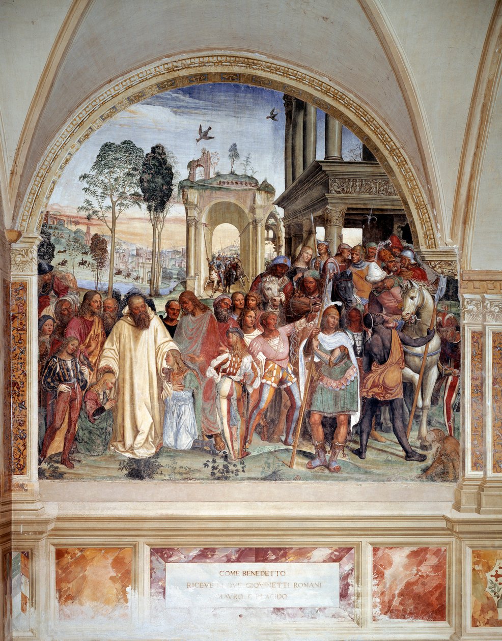 Benoit mottar to unge romere Maur og Placide (St. Benedict mottar de to romanguttene Mauro og Placido) Fresco av klosteret laget av Antonio Bazzi dit il Sodoma (1477 - 1549) som forteller om livet til Saint Benedict of Nursie (480 - 567) grunnlegger av th av Giovanni Antonio Bazzi Sodoma