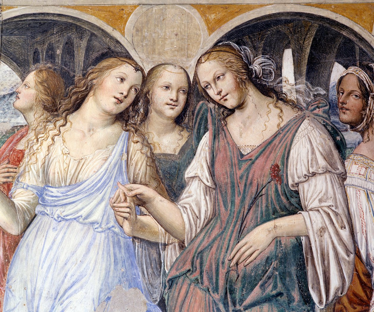 Florent sendte prostituerte til klosteret (Florenzo sender kurtisaner til klosteret St. Benedict) Detaljfreskomaleri av klosteret realisert av Antonio Bazzi dit il Sodoma (1477 - 1549) som forteller om livet til Saint Benedict (480 - 567) grunnleggeren av  av Giovanni Antonio Bazzi Sodoma