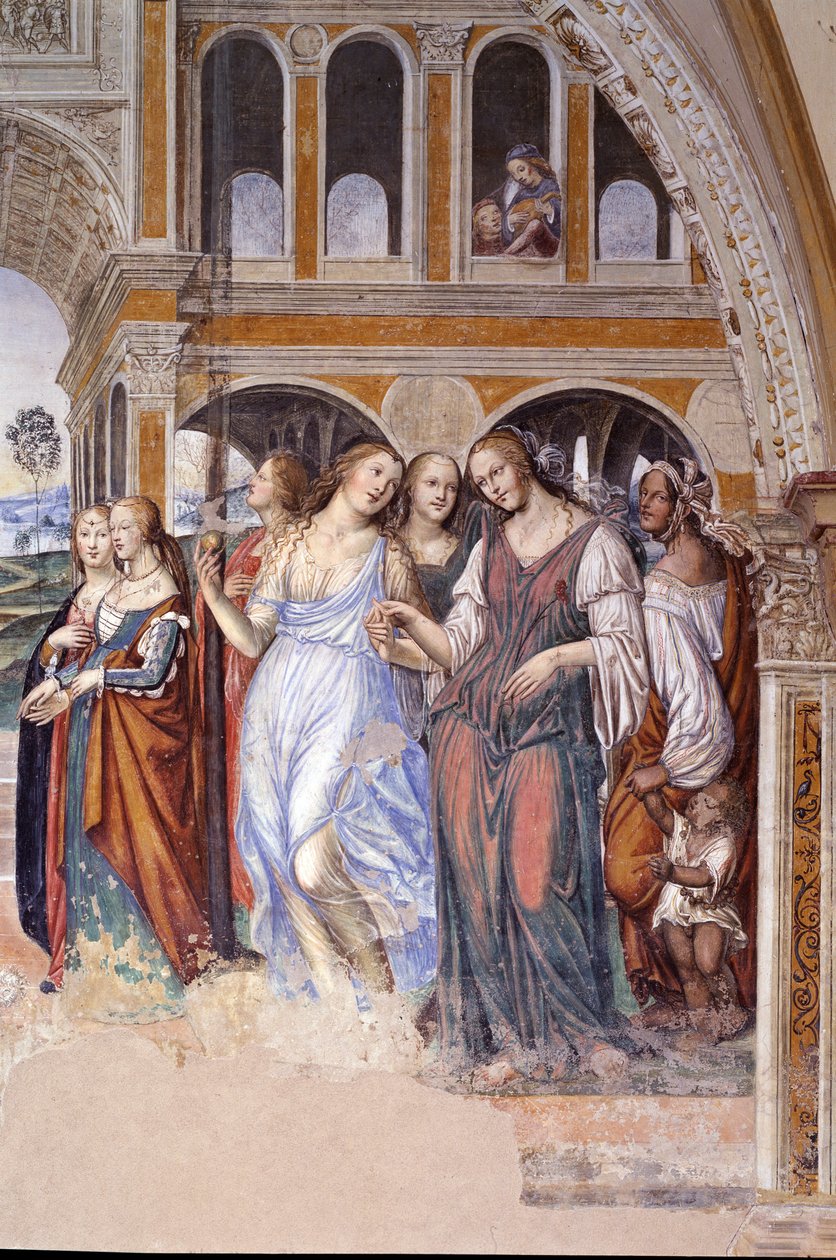 Florent sendte prostituerte til klosteret (Florenzo sender kurtisaner til klosteret St. Benedict) Detaljfreskomaleri av klosteret realisert av Antonio Bazzi dit il Sodoma (1477 - 1549) som forteller om livet til Saint Benedict (480 - 567) grunnleggeren av  av Giovanni Antonio Bazzi Sodoma