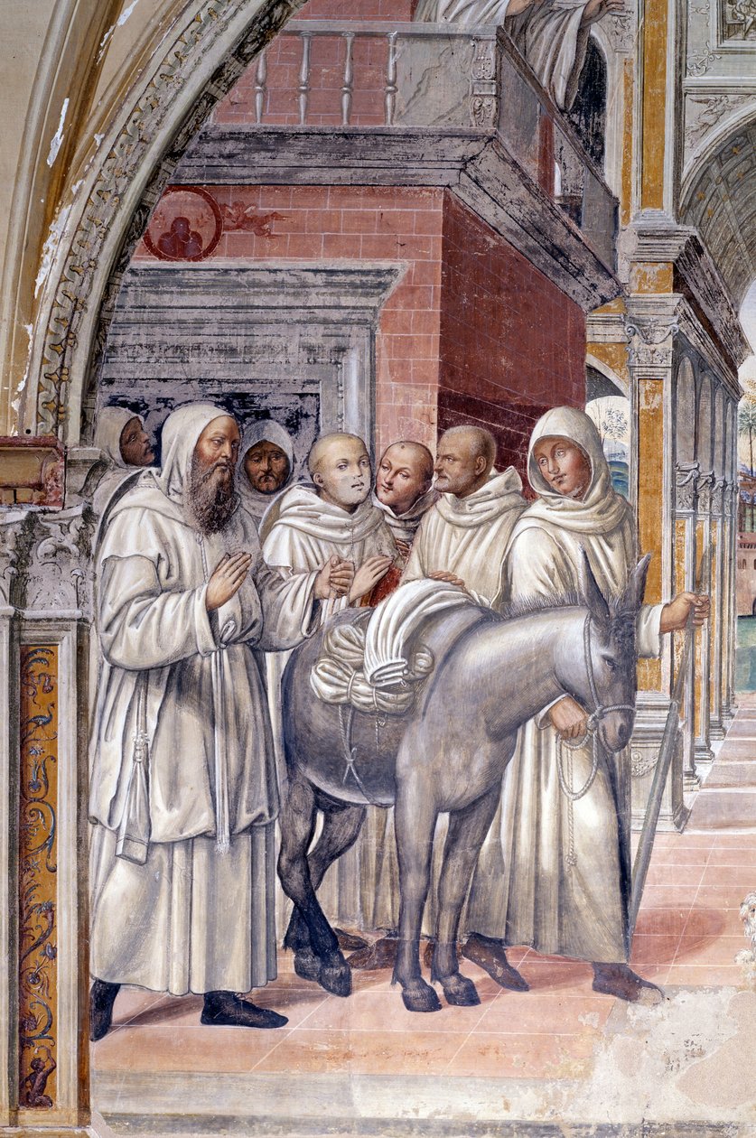 Florent sendte prostituerte til klosteret (Florenzo sender kurtisaner til klosteret St. Benedict) Detaljfreskomaleri av klosteret realisert av Antonio Bazzi dit il Sodoma (1477 - 1549) som forteller om livet til Saint Benedict (480 - 567) grunnleggeren av  av Giovanni Antonio Bazzi Sodoma