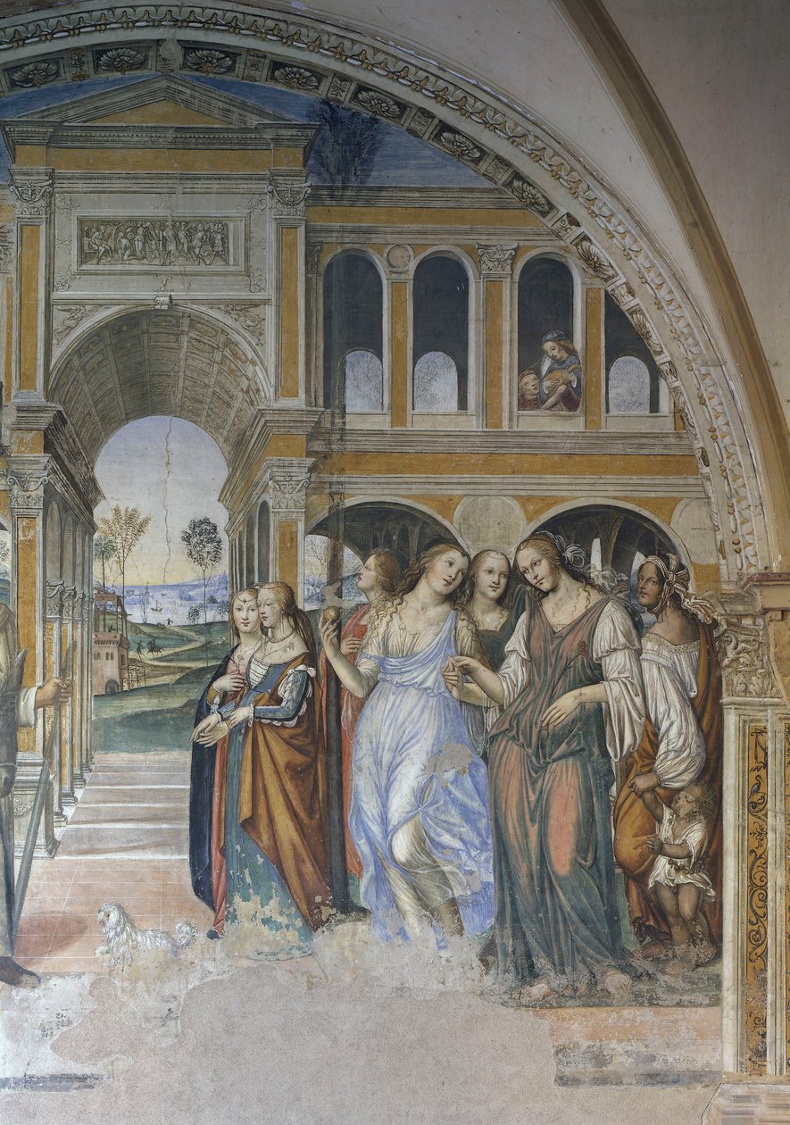 Florentius sender skjøgene inn i klosteret, scene fra St. Benedicts liv av Giovanni Antonio Bazzi Sodoma