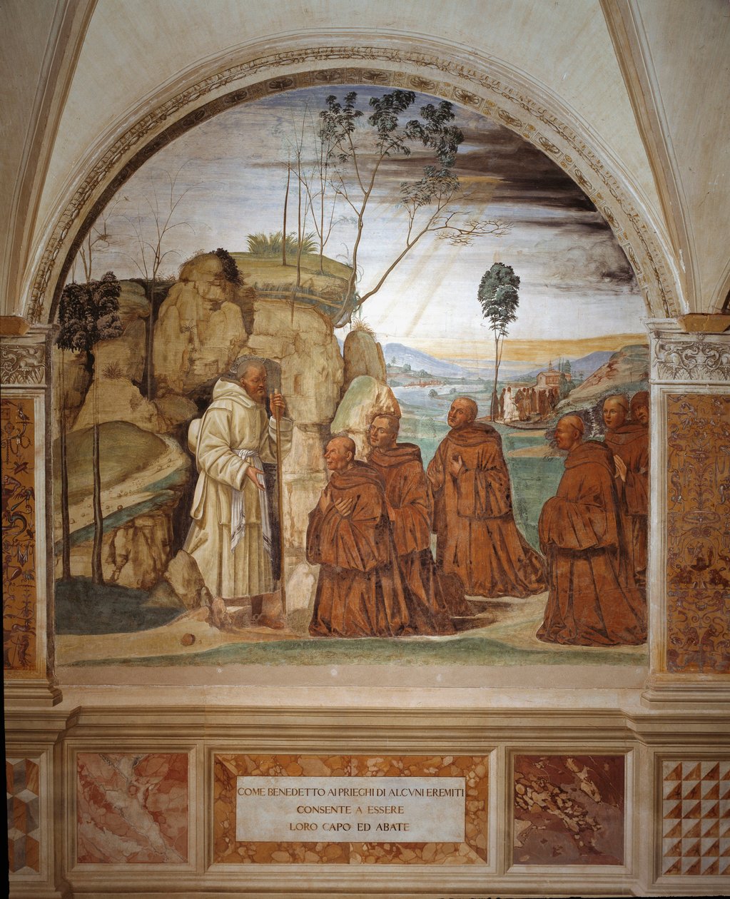 Hvordan Benedict svarer på eremittenes bønn og samtykker i å være deres leder Fresco of the Cloitre realisert av Antonio Bazzi dit il Sodoma (1477 - 1549) som forteller om livet til Saint Benedict of Nursie (480 - 567) grunnlegger av Benediktinerordenen 15 av Giovanni Antonio Bazzi Sodoma