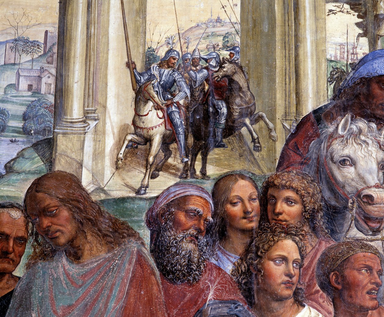 Hvordan Benedict møter de unge romerne Maur og Placid (St. Benedict møter de unge romanene Maurus og Placid) Detalj av eskorten til unge menn som forlater Roma - Fresco of the cloitre laget av Antonio Bazzi dit il Sodoma (1477 - 1549) som forteller om live av Giovanni Antonio Bazzi Sodoma