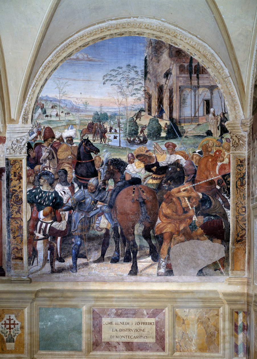 Hvordan Benedict spår ødeleggelsen av Monte Cassino (St. Benedict forutsier ødeleggelsen av Monte Cassino) Detalj - freske av klosteret laget av Antonio Bazzi dit il Sodoma (1477 - 1549) som forteller om livet til Saint Benedict of Nursie (480 - 567) fou av Giovanni Antonio Bazzi Sodoma