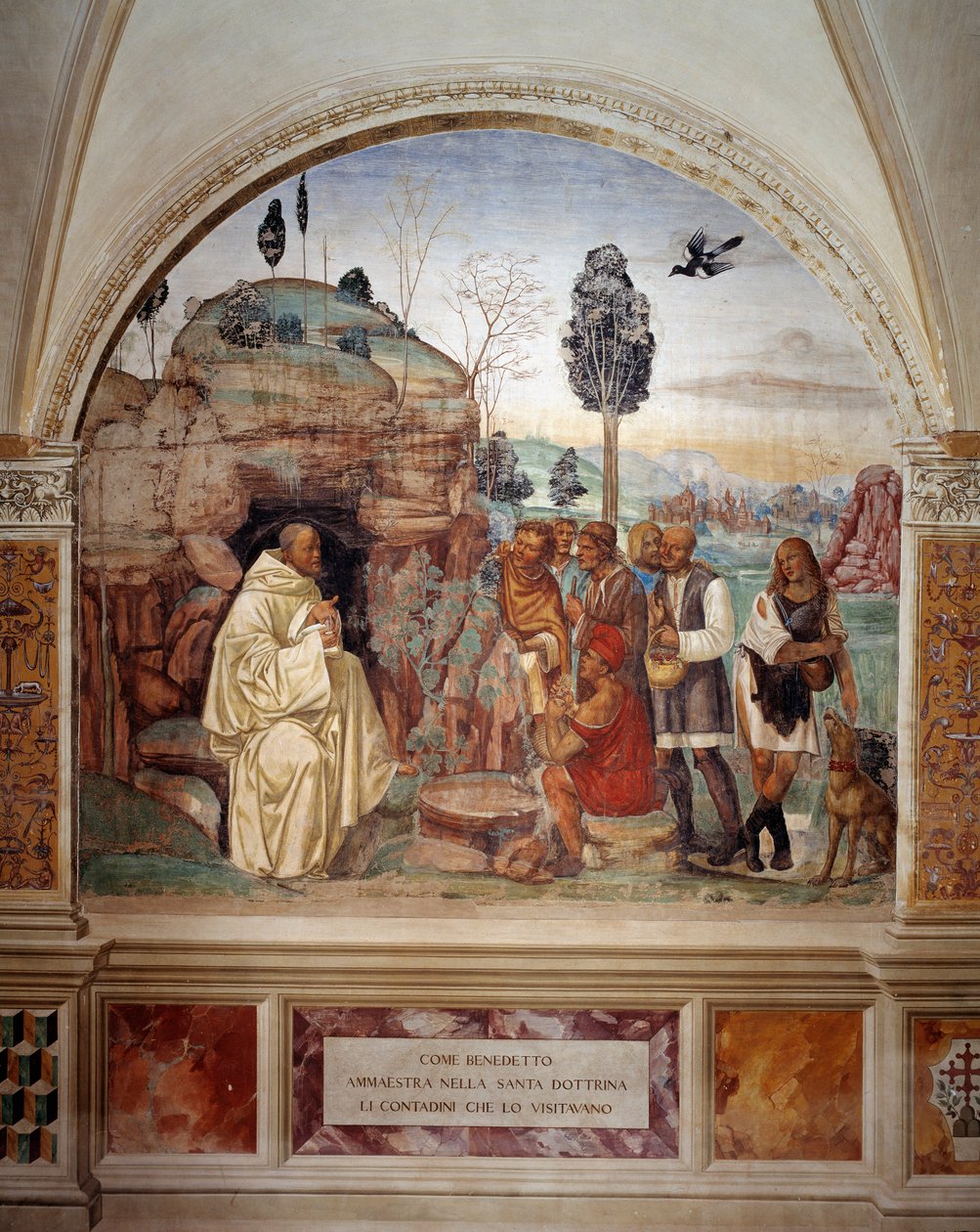 Hvordan Benedikt underviser den hellige læren til bøndene som besøker ham (St. Benedict lærer den hellige læren til bonden som besøker ham) Freske av klosteret laget av Antonio Bazzi dit il Sodoma (1477 - 1549) som forteller om livet til den hellige Benedi av Giovanni Antonio Bazzi Sodoma