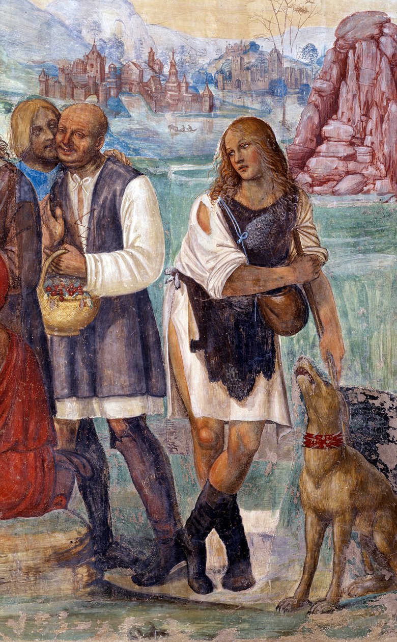 Hvordan Benedict lærer bøndene som besøker ham den hellige læren. Detaljfreskomaleri av klosteret realisert av Antonio Bazzi dit il Sodoma (1477 - 1549) som forteller om livet til Saint Benedict of Nursie (480 - 567) grunnlegger av Benediktinerordenen 1503 av Giovanni Antonio Bazzi Sodoma