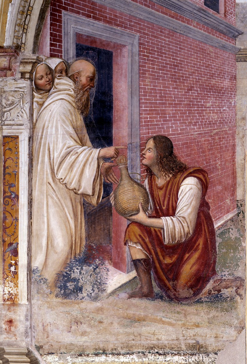 Hvordan Benedict forvandler til en slange en flaske vin en tjener gjemte for ham Detalj - freskomaleri av cloitre laget av Antonio Bazzi dit il Sodoma (1477 - 1549) som forteller om livet til Saint Benedict of Nursie (480 - 567) grunnlegger av ordenen av B av Giovanni Antonio Bazzi Sodoma