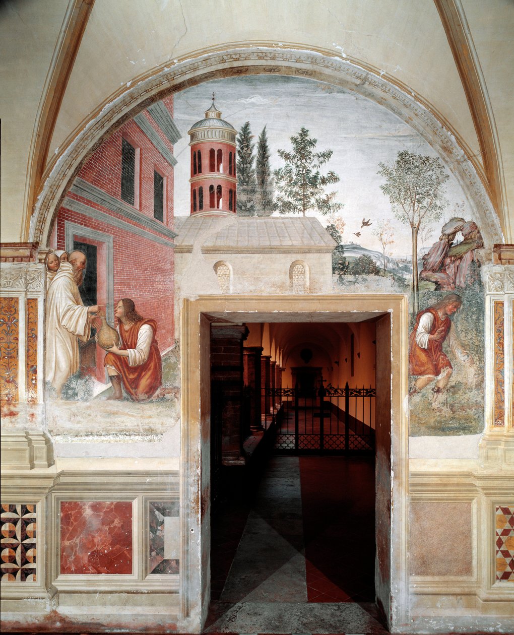 Hvordan Benedict blir til en vinslange, gjemte en tjener for ham. Detalj - freskomaleri av klesdrakten laget av Antonio Bazzi dit il Sodoma (1477 - 1549) som forteller om livet til Saint Benedict of Nursie (480 - 567) grunnlegger av Benediktinerordenen 150 av Giovanni Antonio Bazzi Sodoma