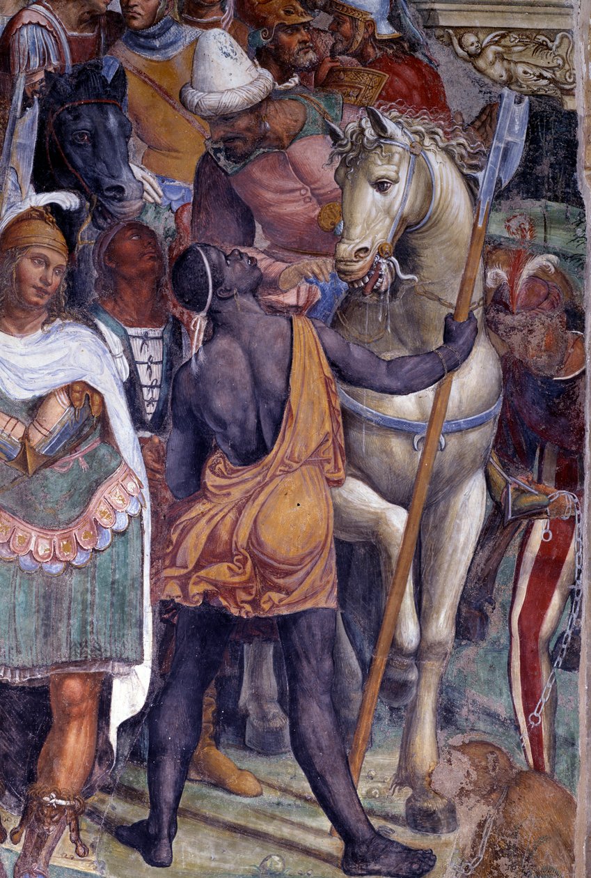 Hvordan Benoit møter de to unge romerne Maur og Placide (St. Benedict møter de unge romanene Maurus og Placid) Detalj av eskorten til unge menn - Fresco of the cloitre laget av Antonio Bazzi dit il Sodoma (1477 - 1549) som forteller om livet til den hellig av Giovanni Antonio Bazzi Sodoma