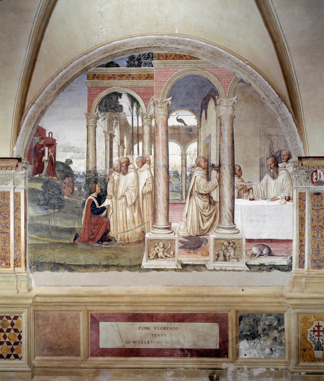 Hvordan Florent prøver å forgifte Benoit (Hvordan Fiorenzo prøver å forgifte St. Benedict) - Veggfreskomaleri laget av Antonio Bazzi dit il Sodoma (1477 - 1549) som forteller om livet til Saint Benedict (480 - 567) grunnlegger av Benediktinerordenen 1503 - av Giovanni Antonio Bazzi Sodoma