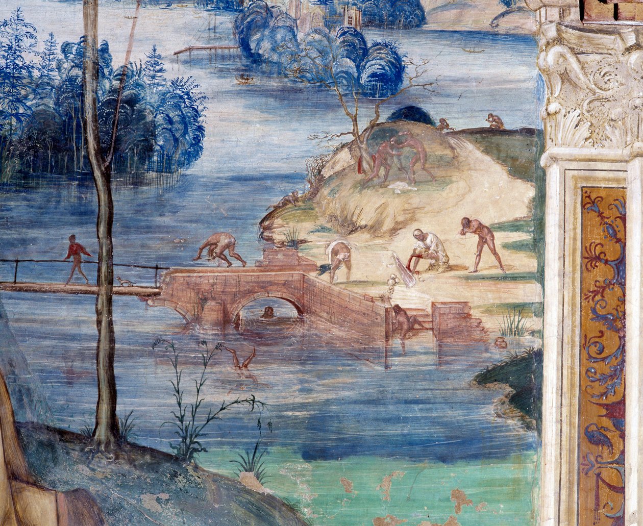 Hvordan Saint Maur går på vannet for å redde Placid (Maurus går på vannet for å redde Placid) - Detaljfreske av klosteret laget av Antonio Bazzi dit il Sodoma (1477-1549) som forteller om livet til Saint Benedict of Nursie (480 - 567) ) grunnlegger av orde av Giovanni Antonio Bazzi Sodoma