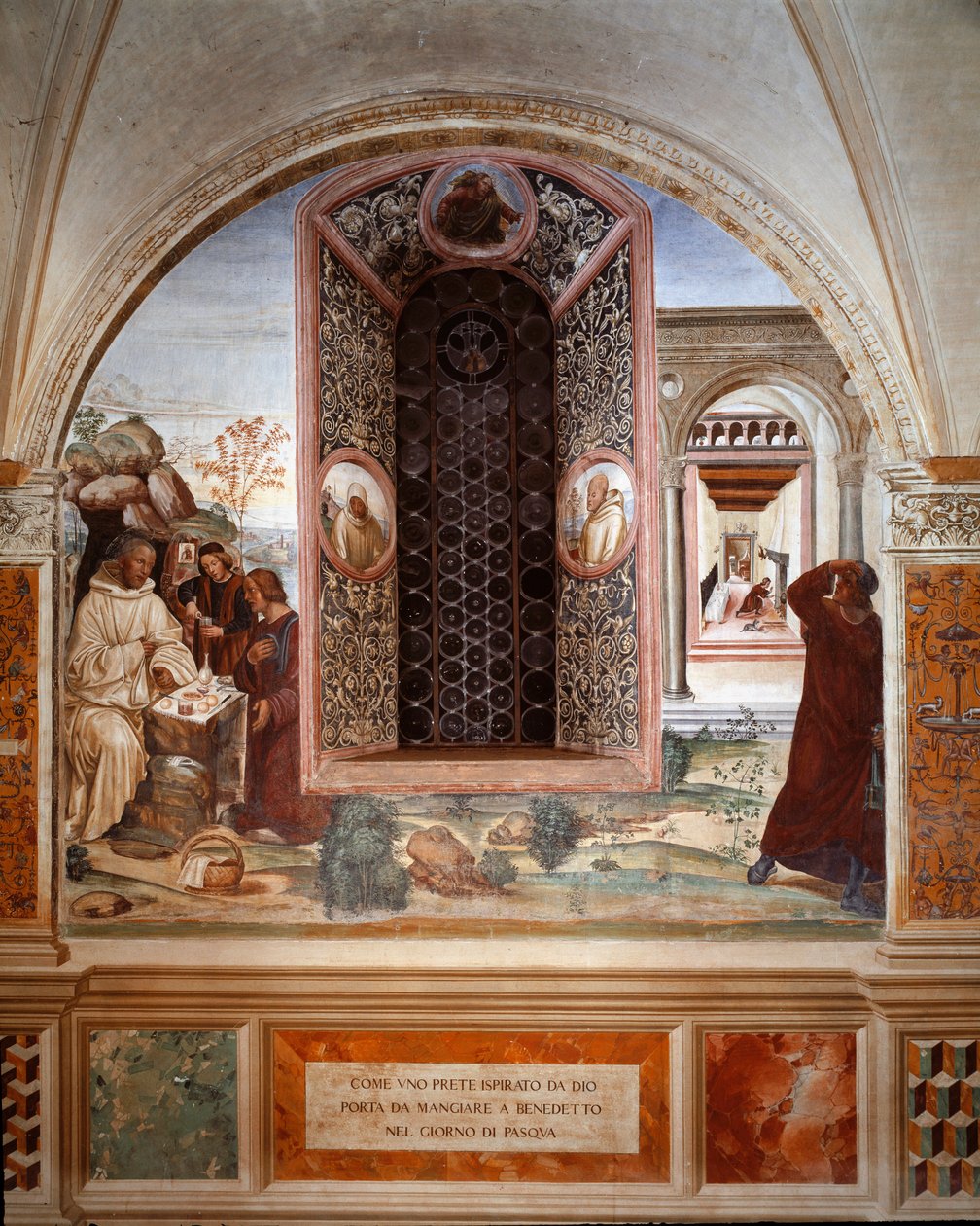 Hvordan en prest brakte mat til Benedikt i påsken - Freske av klosteret laget av Antonio Bazzi dit il Sodoma (1477 - 1549) som forteller om livet til den hellige Benedikt av Nursia (480 - 567) grunnlegger av Benediktinerordenen 1503 - 1508 Abbey of Monte O av Giovanni Antonio Bazzi Sodoma