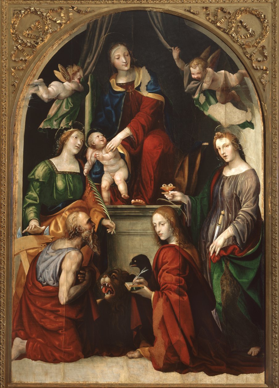 Madonna og barn og engler blant de hellige Jerome, Katarina av Alexandria, Lucy og evangelisten Johannes, ca. 1513 av Giovanni Antonio Bazzi Sodoma