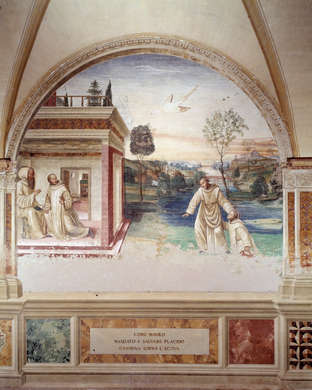 Maur går på vannet for å redde St. Placid (St Maurus går på vannet for å redde St. Placid) freske av klosteret laget av Antonio Bazzi dit il Sodoma (1477 - 1549) som forteller om livet til Saint Benedict of Nursie (480 - 567) grunnlegger av benediktinerord av Giovanni Antonio Bazzi Sodoma