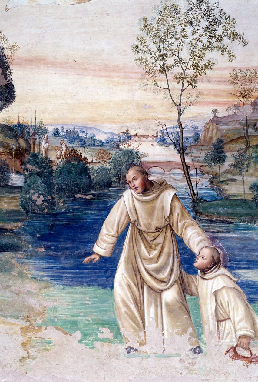 Maur går på vannet for å redde St. Placid Detail Cloister fresco av Antonio Bazzi dit il Sodoma (1477 - 1549) som forteller om livet til Saint Benedict of Nursie (480 - 567) grunnlegger av benediktinerordenen 1503 - 1508 Abbey of Monte Oliveto Maggiore, Fi av Giovanni Antonio Bazzi Sodoma