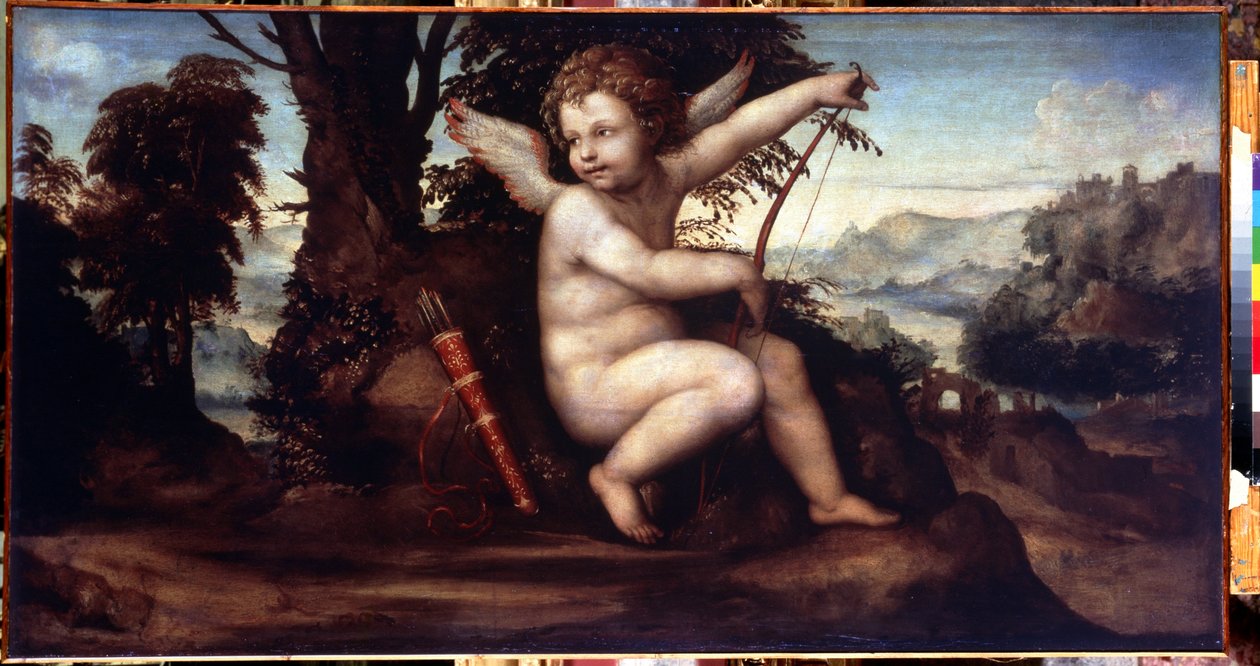 Landskap med Amor (Landskap med Amor) - Maleri av Giovanni Antonio Bazzi, kjent som Le Sodoma (1477-1549) - Olje på lerret, 68 x 129 cm, rundt 1510 - School of Siena, italiensk renessanse - Eremitagemuseet, St. Petersburg av Giovanni Antonio Bazzi Sodoma