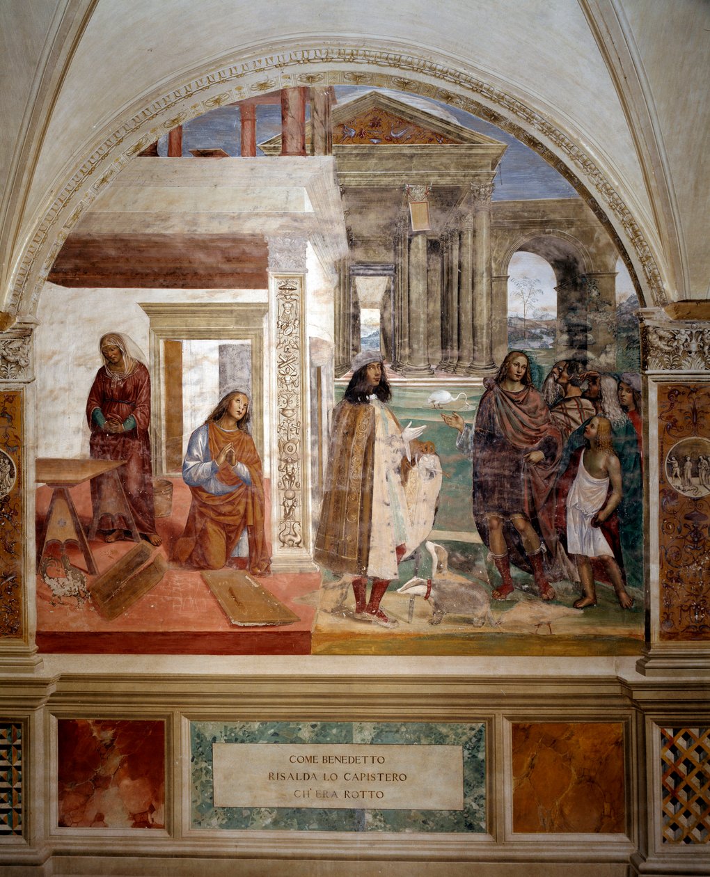Saint Benedict fikser en ødelagt sil I midten av bildet, selvportrett av kunstneren - Fresco of the Cloitre realisert av Antonio Bazzi dit il Sodoma (1477 - 1549) som forteller om livet til Saint Benedict of Nursie (480 - 567) grunnlegger av ordenen av av Giovanni Antonio Bazzi Sodoma