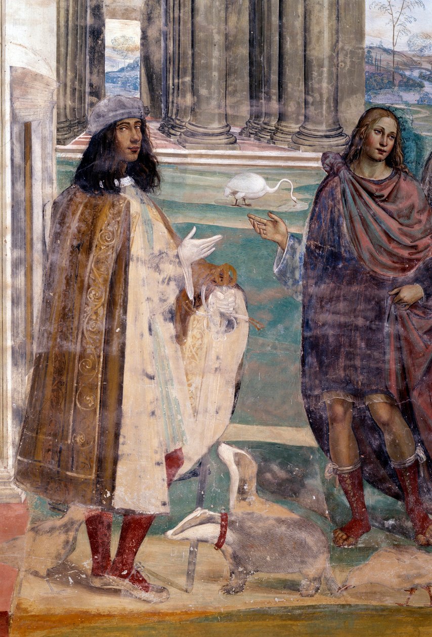Saint Benedict fikser en ødelagt sil Selvportrett av kunstneren - Detalj Fresco av cloitre realisert av Antonio Bazzi dit il Sodoma (1477 - 1549) som forteller om livet til Saint Benedict of Nursie (480 - 567) grunnlegger av Benediktinerordenen 1503 - 1508 av Giovanni Antonio Bazzi Sodoma