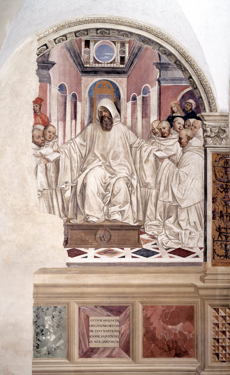 Saint Benedict gir regelen til munkene (Benedict gir regelen til munkene) freske av klosteret laget av Antonio Bazzi dit il Sodoma (1477 - 1549) som forteller om livet til Saint Benedict of Nursie (480 - 567) grunnlegger av ordenen av Benediktiner 1503 av Giovanni Antonio Bazzi Sodoma