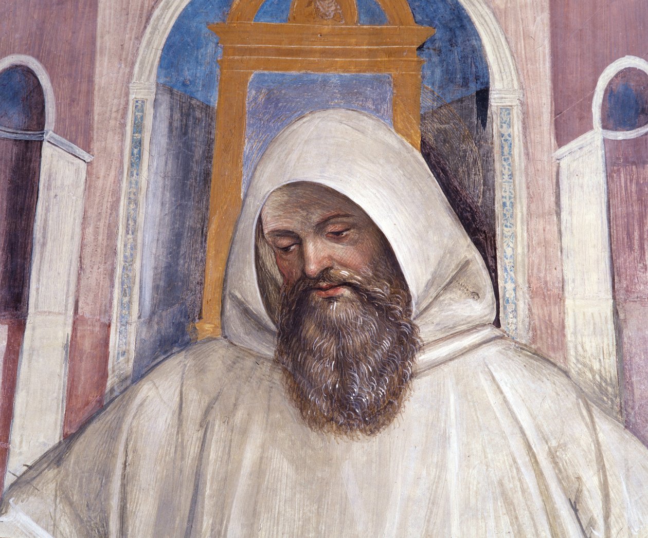 Saint Benedict gir regelen til olivetani-munkene. Detaljfreskomaleri av klosteret laget av Antonio Bazzi dit il Sodoma (1477 - 1549) som forteller om livet til Saint Benedict of Nursie (480 - 567) grunnlegger av Benediktinerordenen 1503 - 1508 Abbey of Mon av Giovanni Antonio Bazzi Sodoma