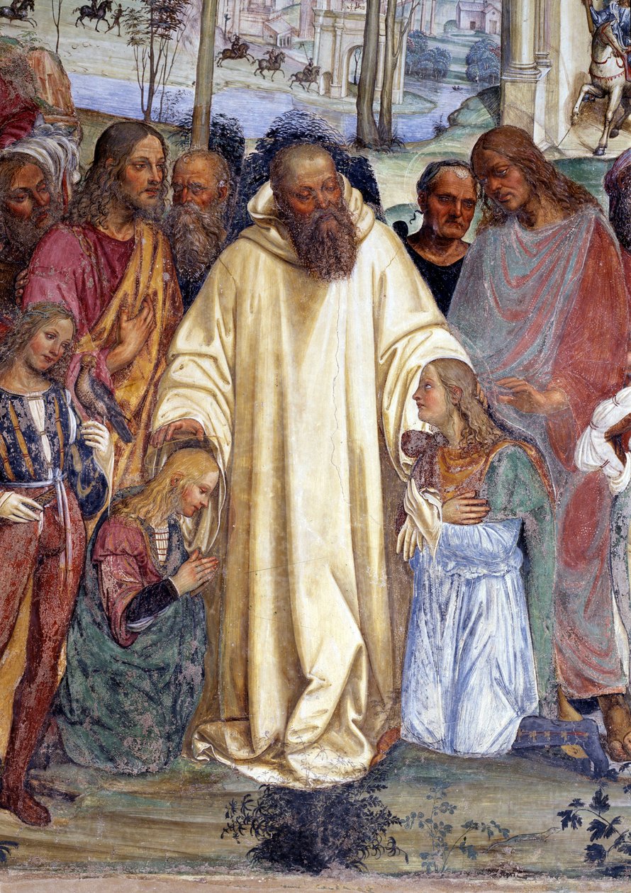Saint Benedict mottar to unge romere, Maur og Placide (St. Benedict møter to unge romaner, Maurus og Placid) Detaljfreskomaleri av cloitre laget av Antonio Bazzi dit il Sodoma (1477 - 1549) som forteller om livet til Saint Benedict of Nursie (480 - 567) fo av Giovanni Antonio Bazzi Sodoma