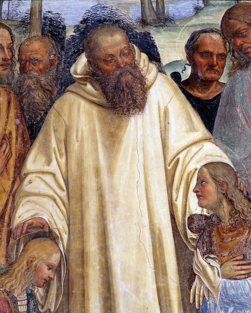 Saint Benedict mottar to unge romere, Maur og Placide (St. Benedict møter to unge romaner, Maurus og Placid) Detaljfreskomaleri av cloitre laget av Antonio Bazzi dit il Sodoma (1477 - 1549) som forteller om livet til Saint Benedict of Nursie (480 - 567) fo av Giovanni Antonio Bazzi Sodoma