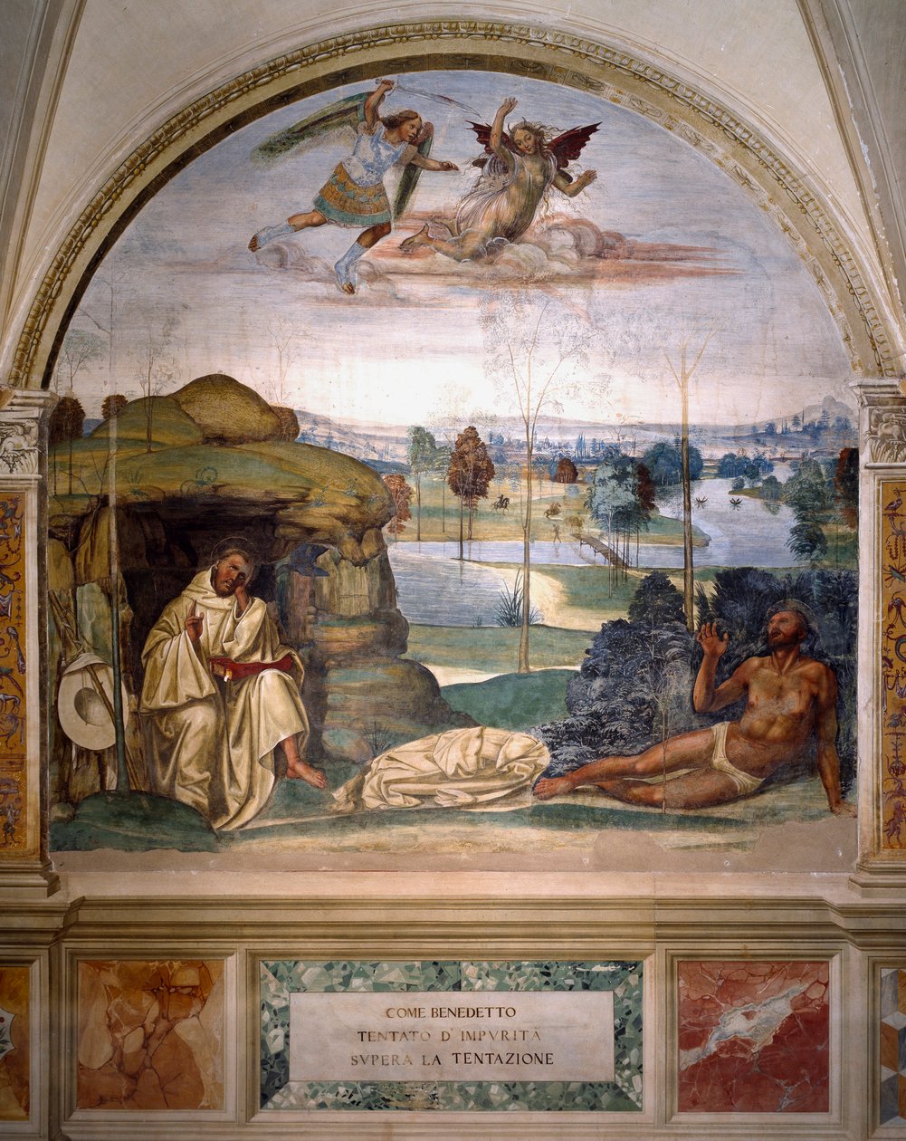 Den hellige Benedikt seier over fristelsen ved å kaste seg naken inn i en tornbusk, mens en engel kjemper mot demonen Fresco fra munkenes refektorium laget av Antonio Bazzi dit il Sodoma (1477 - 1549) som forteller om livet til den hellige Benediktiner (48 av Giovanni Antonio Bazzi Sodoma