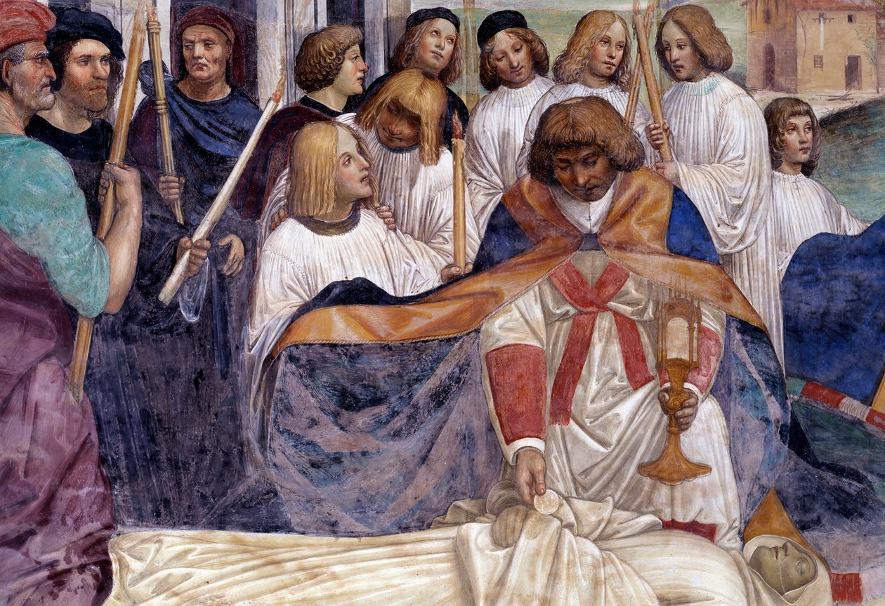 St. Benedict bærer Kristi legeme på kroppen til munken som jorden nekter å begrave. Detaljfreskomaleri av klosteret realisert av Antonio Bazzi dit il Sodoma (1477 - 1549) som forteller om livet til Saint Benedict of Nursie (480 - 567) grunnlegger av Orden av Giovanni Antonio Bazzi Sodoma