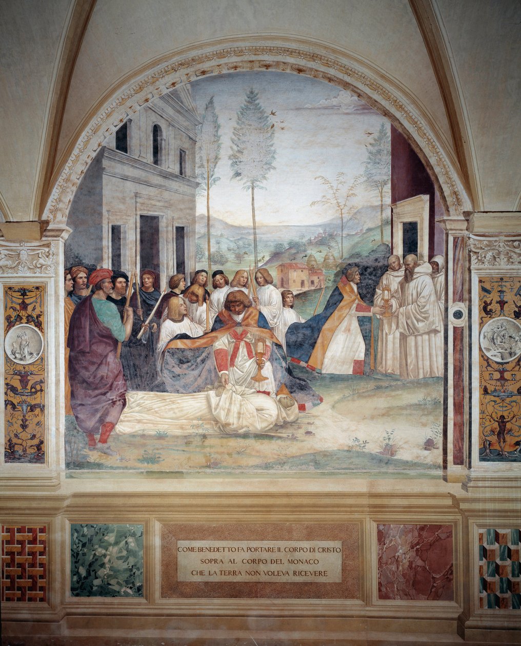 St. Benedict bærer Kristi kropp på kroppen til munken som jorden nekter å begrave freskomaleri av klosteret laget av Antonio Bazzi dit il Sodoma (1477 - 1549) som forteller om livet til Saint Benedict of Nursie (480 - 567) grunnlegger av Benedi-ordenen av Giovanni Antonio Bazzi Sodoma