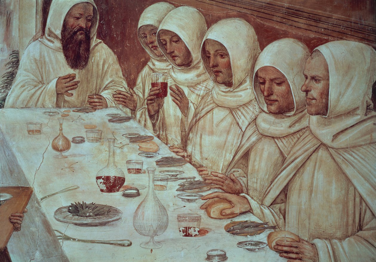 St. Benedict etter å ha fått rikelig med mel og matet munkene, detalj fra St. Benedikts liv av Giovanni Antonio Bazzi Sodoma