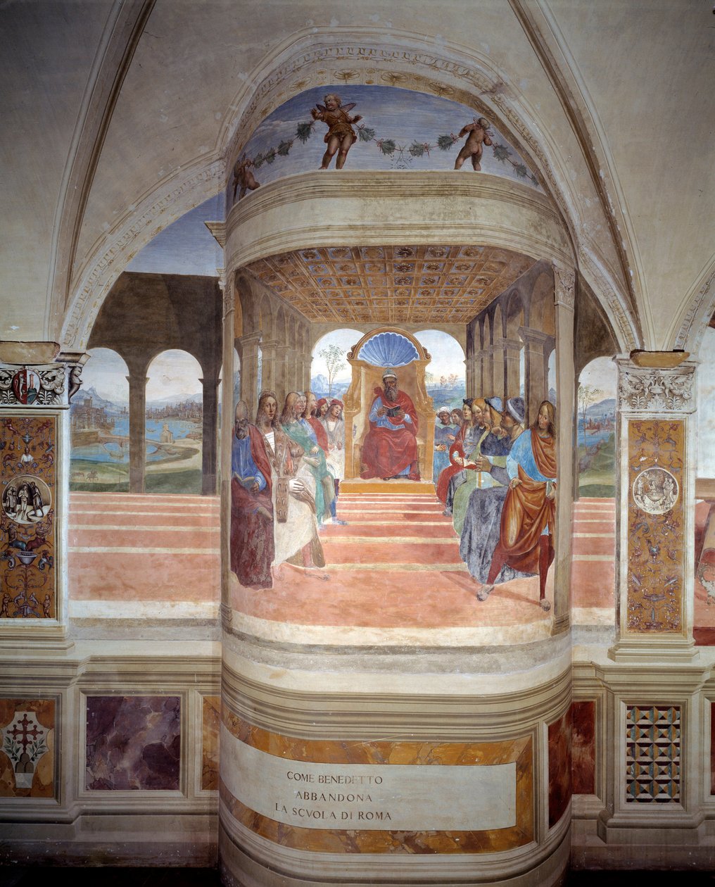 St. Benedict forlater skolen i Roma freskomaleri av klosteret produsert av Antonio Bazzi dit il Sodoma (1477 - 1549) og forteller om livet til Saint Benedict of Nursie (480 - 567) grunnlegger av Benediktinerordenen 1503 - 1508 Abbey of Monte Oliveto Maggio av Giovanni Antonio Bazzi Sodoma
