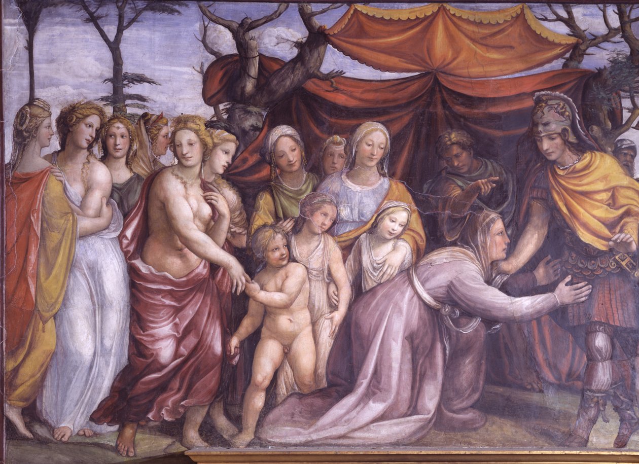 Sala delle Nozze di Alessandro e Rossana Hall av ekteskapet til Alexander den store 356-323 f.Kr. og Roxanne detalj av Alexander med familien til Darius III, ca. 1513 fresco av Giovanni Antonio Bazzi Sodoma