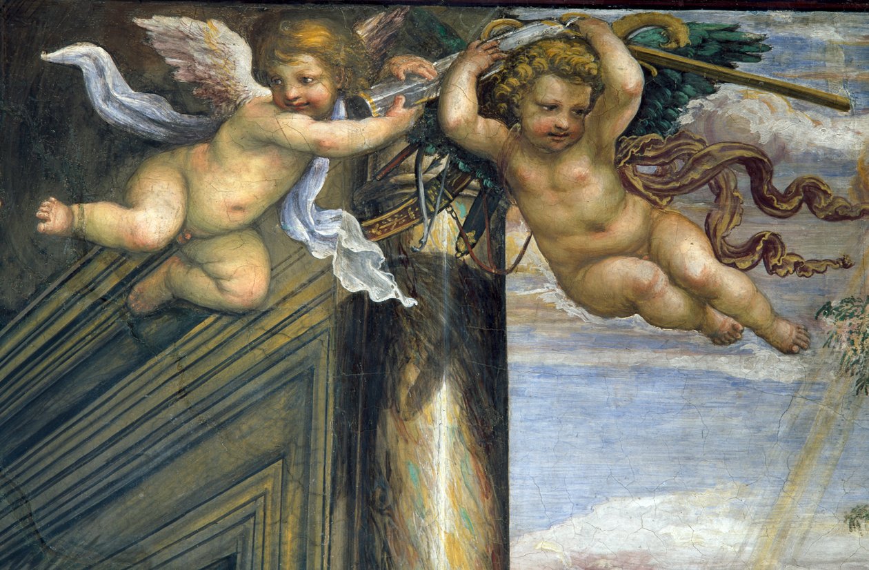 Sala delle Nozze di Alessandro e Rossana Hall av ekteskapet til Alexander den store 356-323 f.Kr. og Roxanne-detaljene til to flygende putti, ca. 1513 freskomaleri fra 107224 av Giovanni Antonio Bazzi Sodoma