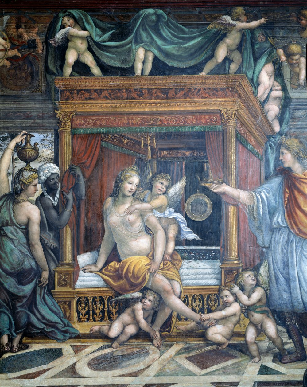 Sala delle Nozze di Alessandro e Rossana Hall av ekteskapet til Alexander den store 356-323 f.Kr. og Roxanne-detaljene til Roxanne i hennes soverom blir presentert med en krone av Alexander, ca. 1513 fr. av Giovanni Antonio Bazzi Sodoma
