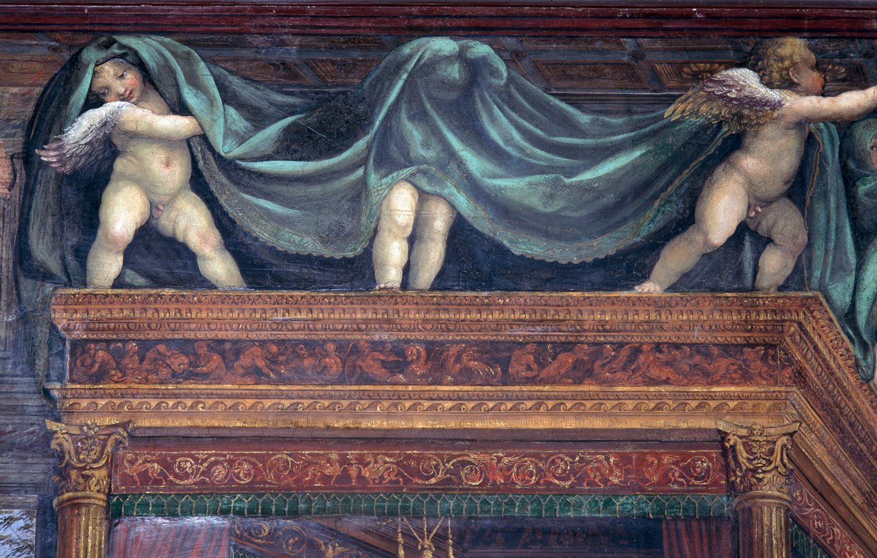 Sala delle Nozze di Alessandro e Rossana Hall av ekteskapet til Alexander den store 356-323 f.Kr. og Roxanne detalj av putti som leker under sengehimmelen, ca. 1513 freskodetalj av 107228 av Giovanni Antonio Bazzi Sodoma