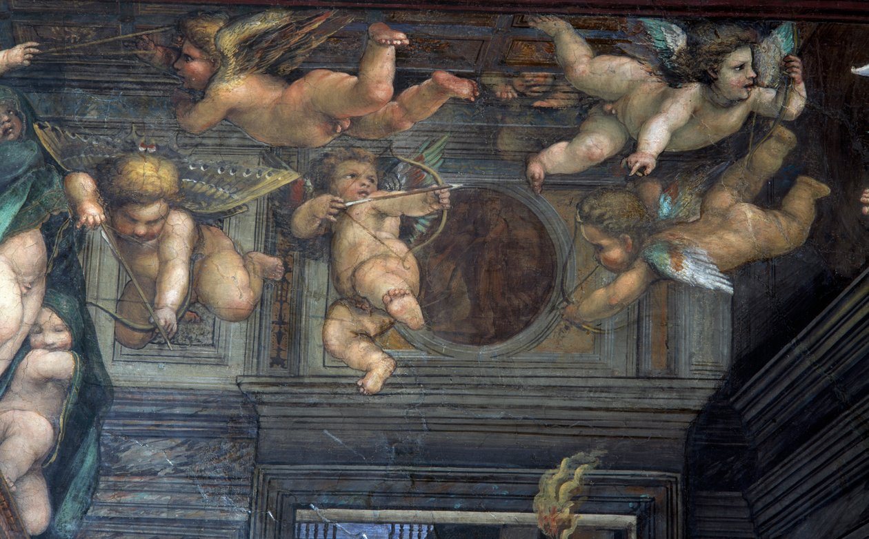 Sala delle Nozze di Alessandro e Rossana Hall av ekteskapet til Alexander den store 356-323 f.Kr. til Roxanne detalj av flygende putti, ca. 1513 freskomaleri fra 107226 av Giovanni Antonio Bazzi Sodoma