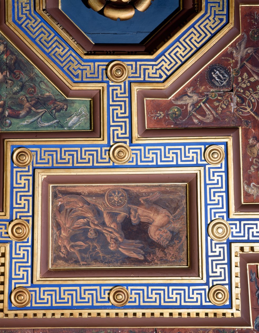 Sala delle Nozze di Alessandro e Rossana Hall av ekteskapet til Alexander den store 356-323 f.Kr. og Roxanne-detaljene i takdekorasjonen, freskomaleri ca. 1513 av Giovanni Antonio Bazzi Sodoma