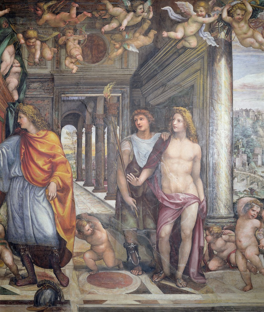 Sala delle Nozze di Alessandro e Rossana Hall av ekteskapet til Alexander den store 356-323 f.Kr. og Roxanne-detaljene til Alexander og to mannlige ledsagere med putti over, ca. 1513 freskodetalj av 10 av Giovanni Antonio Bazzi Sodoma