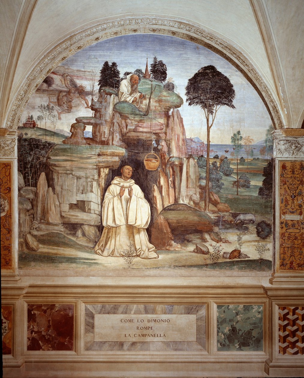 Demonen bryter klokken - Demonen bryter klokkefresken av klosteret laget av Antonio Bazzi dit il Sodoma (1477 - 1549) som forteller om livet til Saint Benedict of Nursie (480 - 567) grunnlegger av Benediktinerordenen 1503 - 1508 Abbey av Monte Olivet av Giovanni Antonio Bazzi Sodoma