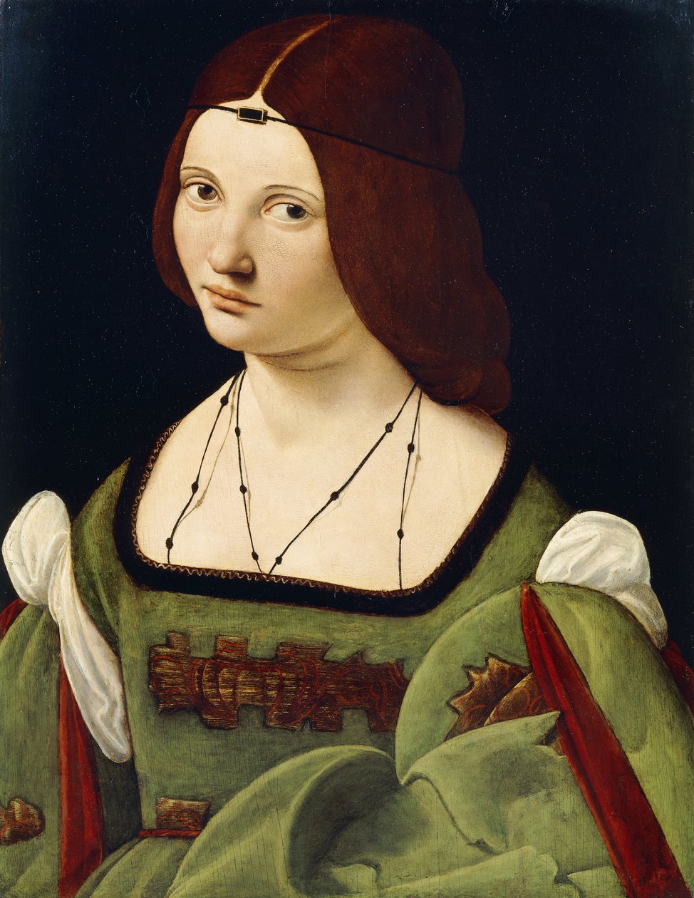 Portrett av en dame, sies å være Clarice Pusterla, halvlang, i en grønn kjole, av Giovanni Antonio Boltraffio