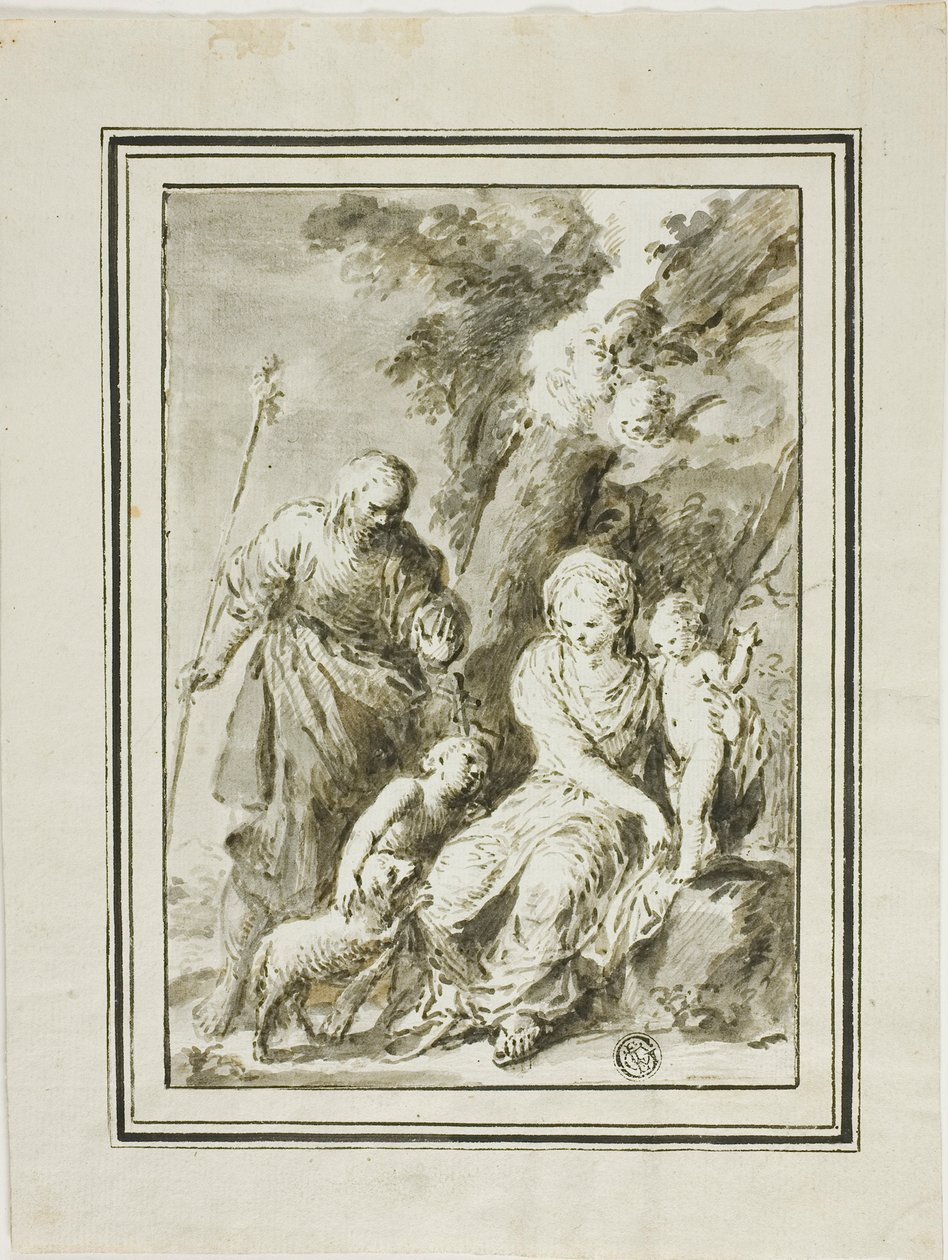 Den hellige familie og døperen Johannes av Giovanni Antonio Burrini