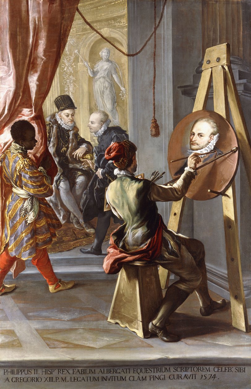 Fabio Albergati mottatt av Filip II av Spania, mens en kunstner i hemmelighet utfører sitt portrett etter kongens instruksjoner av Giovanni Antonio Burrini or Burino