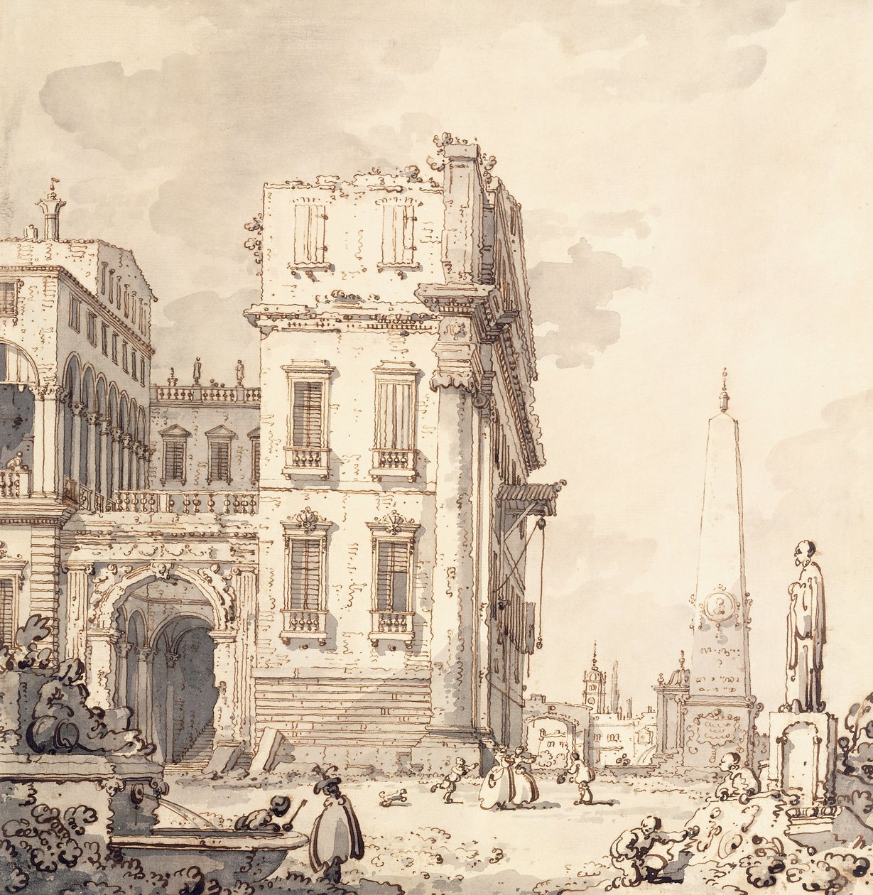 En capriccio av et venetiansk palass med utsikt over en Piazza med en obelisk, av Giovanni Antonio Canal